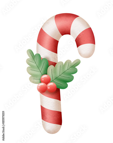 Festive candy cane with holly leaves and berries water color clipart illustration