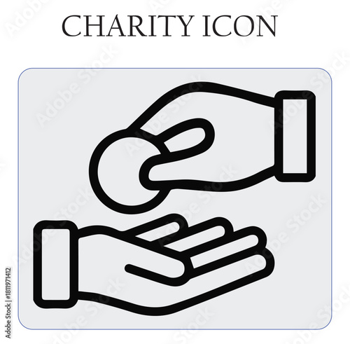 Charity donation vector icon featuring helping hands and heart symbol, perfect for nonprofit, volunteer, and humanitarian projects