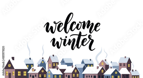 Flat vector winter village with snowy rooftops, chimneys, and simple geometric homes. Ideal for holiday wallpapers, cozy décor, children’s prints, and seasonal illustration sets