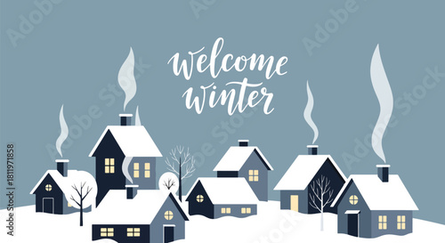 Flat vector winter village with snowy rooftops, chimneys, and simple geometric homes. Ideal for holiday wallpapers, cozy décor, children’s prints, and seasonal illustration sets