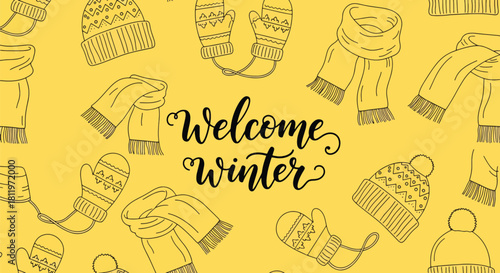 Flat vector seamless pattern of winter mittens, scarves, hats, and cozy clothing icons. Ideal for wrapping paper, kids’ products, wallpapers, and seasonal textile designs
