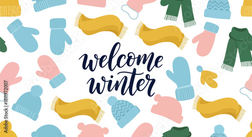 Flat vector seamless pattern of winter mittens, scarves, hats, and cozy clothing icons. Ideal for wrapping paper, kids’ products, wallpapers, and seasonal textile designs