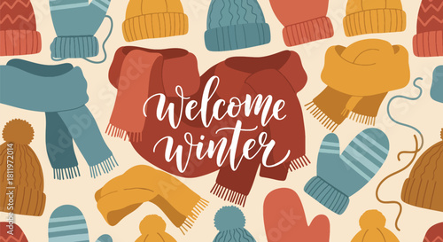 Flat vector seamless pattern of winter mittens, scarves, hats, and cozy clothing icons. Ideal for wrapping paper, kids’ products, wallpapers, and seasonal textile designs