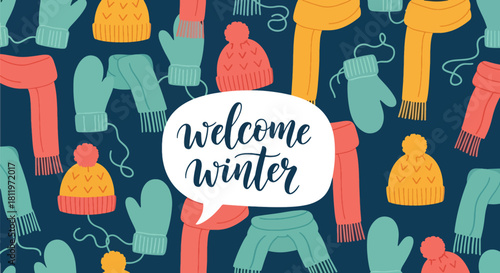 Flat vector seamless pattern of winter mittens, scarves, hats, and cozy clothing icons. Ideal for wrapping paper, kids’ products, wallpapers, and seasonal textile designs