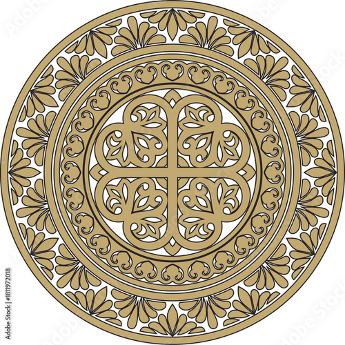 Vector gold and black round classic byzantine ornament. Circle, ring, border, Ancient Greece, Eastern Roman Empire frame. Decoration of the Russian Orthodox Church