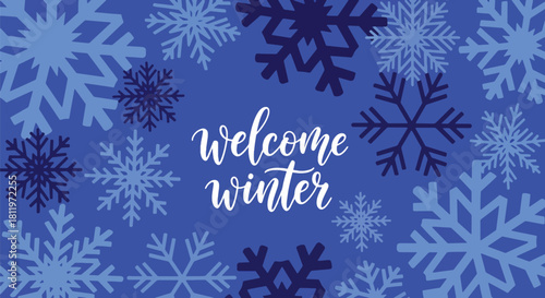 Flat vector winter wallpaper featuring decorative snowflake mosaic in crisp blue tones. Ideal for seasonal packaging, backgrounds, invitations, and festive graphic design
