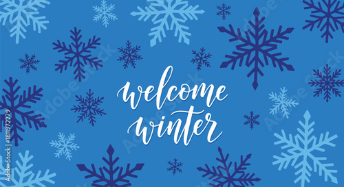 Flat vector winter wallpaper featuring decorative snowflake mosaic in crisp blue tones. Ideal for seasonal packaging, backgrounds, invitations, and festive graphic design