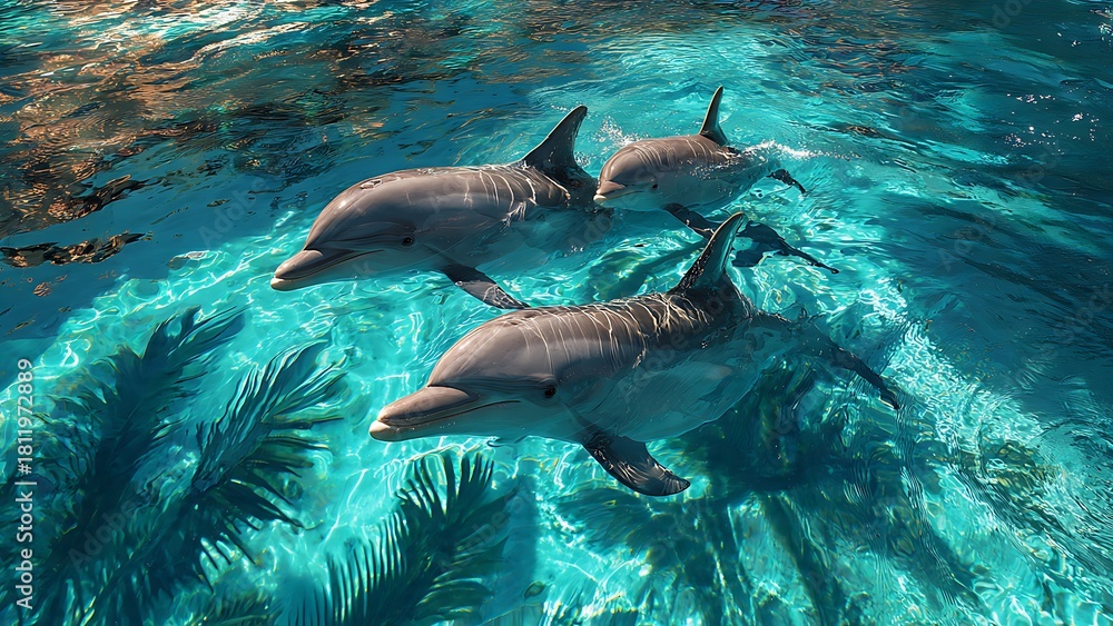 Obraz premium Dolphins Swimming in Clear Tropical Pool Water Under Bright Sunshine