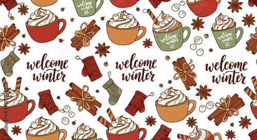 Flat vector winter wallpaper with mugs, marshmallows, cinnamon sticks, and cozy treats. Ideal for warm seasonal décor, café branding, packaging, and festive backgrounds
