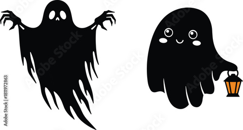 Spooky and cute ghost silhouette set with lantern, expressive Halloween vector illustration featuring scary and friendly black spirits for seasonal decoration and design