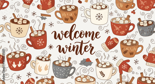 Flat vector winter wallpaper with mugs, marshmallows, cinnamon sticks, and cozy treats. Ideal for warm seasonal décor, café branding, packaging, and festive backgrounds