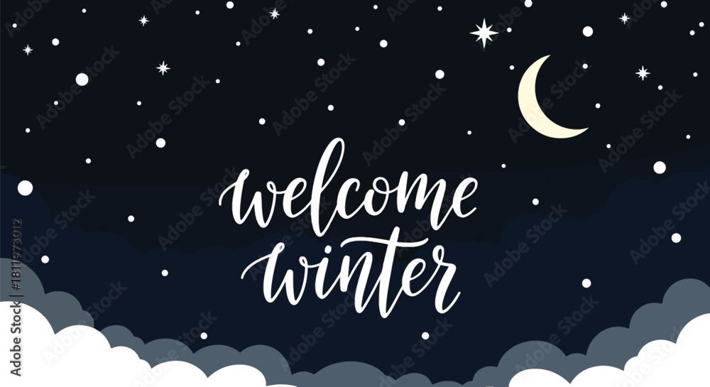 Naklejka premium Flat vector winter night sky wallpaper with stars, moon, and falling snow. Ideal for holiday cards, winter websites, seasonal posters, and calm decorative backgrounds
