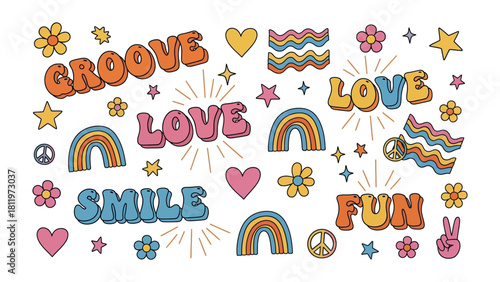 Groovy Vibes of Happiness: A collection of vibrant, retro-inspired graphics that evoke feelings of love, joy, and unity. This image showcases a cheerful assortment of text and illustrations.