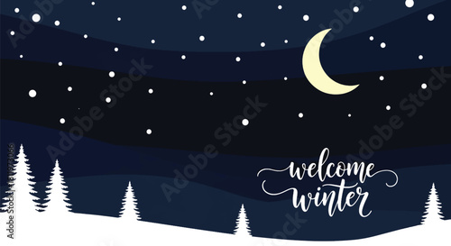 Flat vector winter night sky wallpaper with stars, moon, and falling snow. Ideal for holiday cards, winter websites, seasonal posters, and calm decorative backgrounds