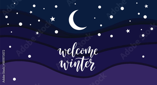 Flat vector winter night sky wallpaper with stars, moon, and falling snow. Ideal for holiday cards, winter websites, seasonal posters, and calm decorative backgrounds