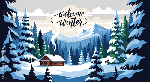 Flat vector winter cabin scene with snowy mountains, pines, and chimney smoke. Ideal for travel graphics, winter backgrounds, greeting cards, and cozy seasonal décor