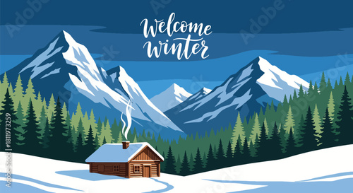 Flat vector winter cabin scene with snowy mountains, pines, and chimney smoke. Ideal for travel graphics, winter backgrounds, greeting cards, and cozy seasonal décor