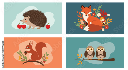 Four cute illustrations of autumnal forest animals including a hedgehog, fox, squirrel, and owls.