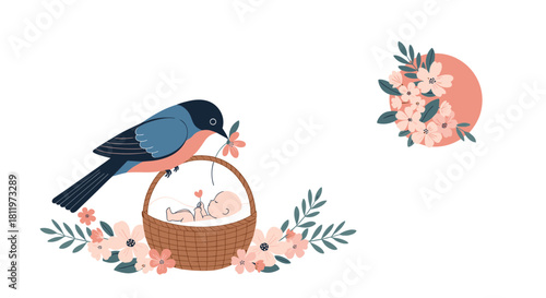 Cute illustration of a bird bringing a flower to a baby in a basket surrounded by flowers.