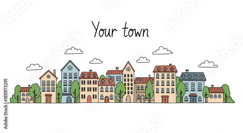 A charming hand-drawn illustration of a picturesque town with colorful buildings and trees.