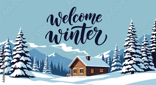 Flat vector winter cabin scene with snowy mountains, pines, and chimney smoke. Ideal for travel graphics, winter backgrounds, greeting cards, and cozy seasonal décor