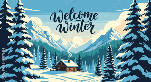 Flat vector winter cabin scene with snowy mountains, pines, and chimney smoke. Ideal for travel graphics, winter backgrounds, greeting cards, and cozy seasonal décor