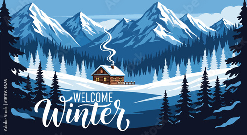 Flat vector winter cabin scene with snowy mountains, pines, and chimney smoke. Ideal for travel graphics, winter backgrounds, greeting cards, and cozy seasonal décor