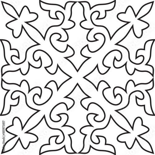 Vector black contour Kazakh national ornament. Ethnic pattern of the peoples of the Great Steppe,