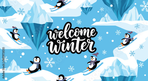 Flat vector wallpaper with adorable penguins sliding on snow with snowflakes. Ideal for kids’ products, winter merchandise, wallpapers, and playful seasonal designs