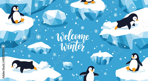 Flat vector wallpaper with adorable penguins sliding on snow with snowflakes. Ideal for kids’ products, winter merchandise, wallpapers, and playful seasonal designs