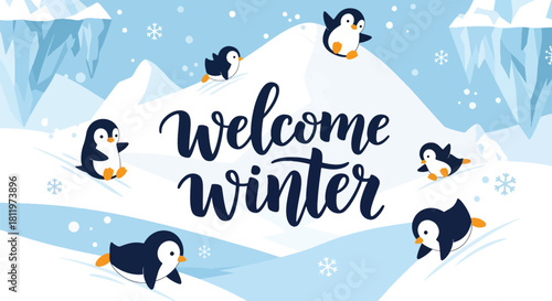 Flat vector wallpaper with adorable penguins sliding on snow with snowflakes. Ideal for kids’ products, winter merchandise, wallpapers, and playful seasonal designs