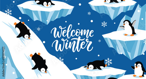 Flat vector wallpaper with adorable penguins sliding on snow with snowflakes. Ideal for kids’ products, winter merchandise, wallpapers, and playful seasonal designs