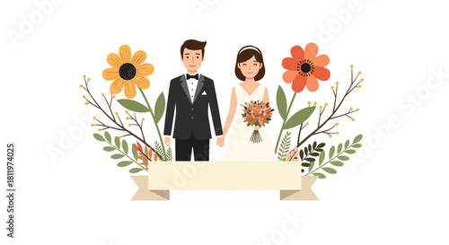 Cartoon wedding couple holding hands surrounded by flowers and a banner for text.
