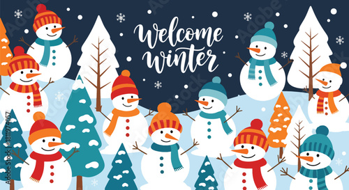 Flat vector wallpaper with snowmen wearing hats and scarves among winter elements. Ideal for Christmas cards, festive décor, wrapping paper, and family-friendly seasonal art