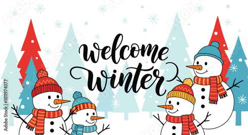 Flat vector wallpaper with snowmen wearing hats and scarves among winter elements. Ideal for Christmas cards, festive décor, wrapping paper, and family-friendly seasonal art
