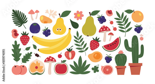 A vibrant collection of colorful fruits, mushrooms, and cacti on a white background.