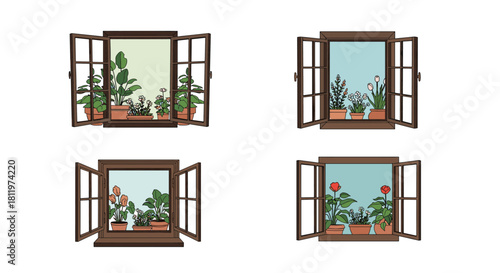 Four windows open with potted plants, flowers, and greenery visible inside each frame.