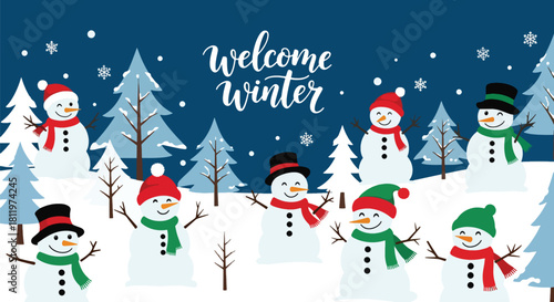 Flat vector wallpaper with snowmen wearing hats and scarves among winter elements. Ideal for Christmas cards, festive décor, wrapping paper, and family-friendly seasonal art