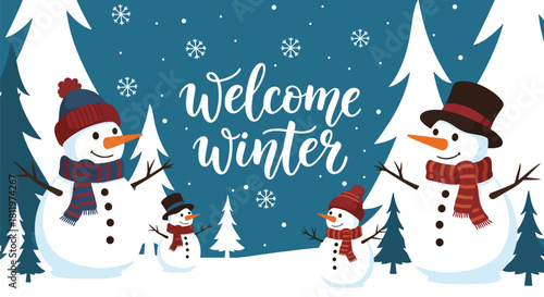 Flat vector wallpaper with snowmen wearing hats and scarves among winter elements. Ideal for Christmas cards, festive décor, wrapping paper, and family-friendly seasonal art