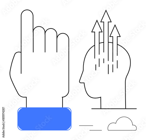 Growth concept. Linear hand gesture with head and upward arrows growth, improvement, and innovative thinking. Growth in personal development, business, mindset, productivity, and innovation