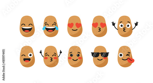 A collection of ten cute cartoon potato characters showing a wide variety of funny faces and emotional expressions.