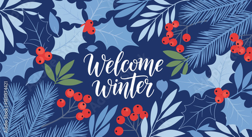 Flat vector botanical wallpaper with holly leaves, pine branches, and berries. Ideal for winter packaging, stationery, seasonal décor, and festive background designs