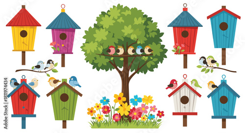 A beautiful collection of colorful cartoon birdhouses a tree with birds and flowers for a cheerful spring garden scene.