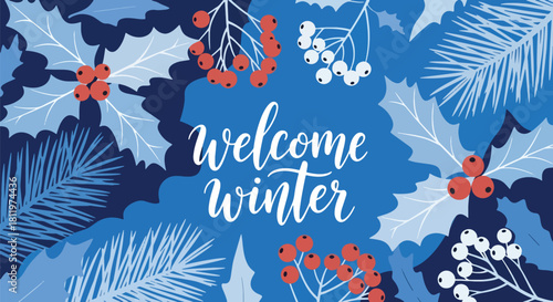 Flat vector botanical wallpaper with holly leaves, pine branches, and berries. Ideal for winter packaging, stationery, seasonal décor, and festive background designs