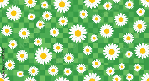 A charming seamless pattern of white daisy flowers on a green checkered or gingham background for a fresh summer design.