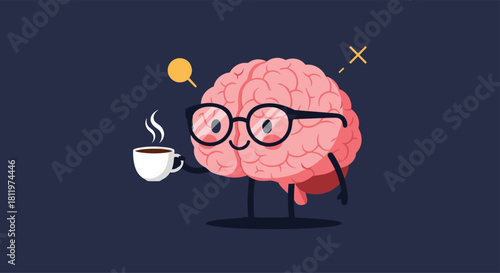 A cute and smart cartoon brain character with glasses enjoying a cup of coffee to boost energy and thinking power.