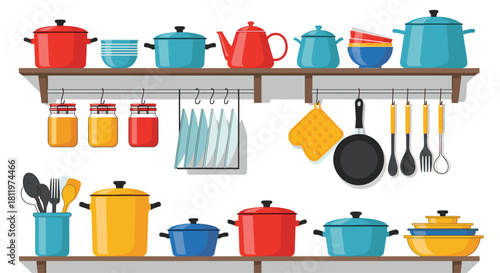 A well-organized kitchen interior with colorful pots pans and other cooking utensils arranged on shelves against a white background.