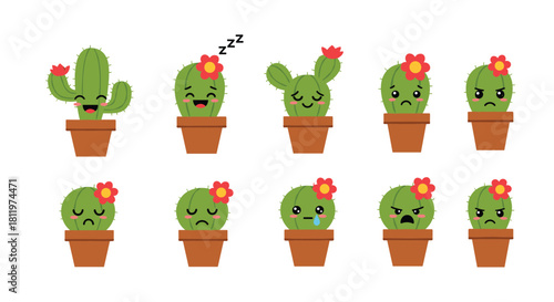A cute collection of kawaii cactus characters in pots showing a variety of funny and emotional facial expressions.