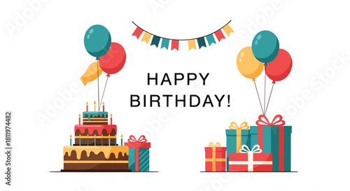 Festive happy birthday celebration card design with a colorful tiered cake balloons gift boxes and a bunting banner illustration.