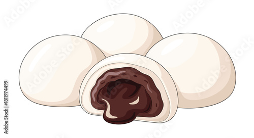 Delicious steamed buns with one cut open to reveal a sweet gooey chocolate filling isolated on a white background illustration.